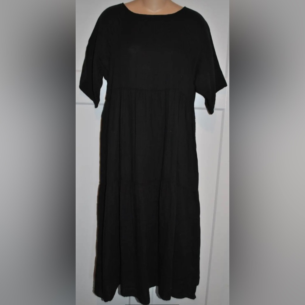CALME By Johnny Was Raglan Tiered Gauze Black Midi Dress Size XS/S $138 - Picture 4 of 6